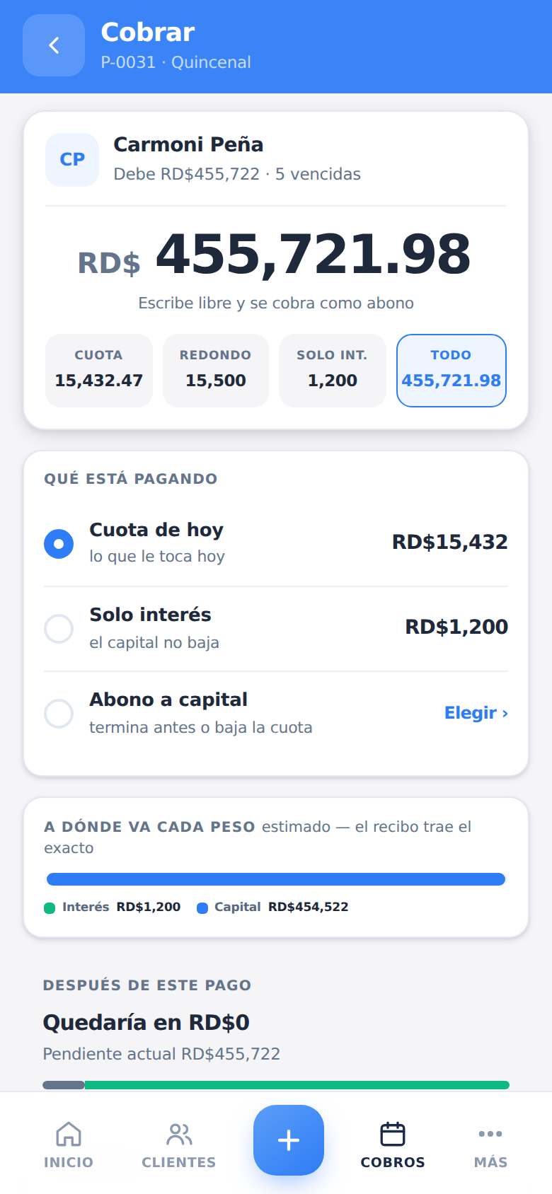 Pantalla de cobro: cuánto paga el cliente y a dónde va cada peso