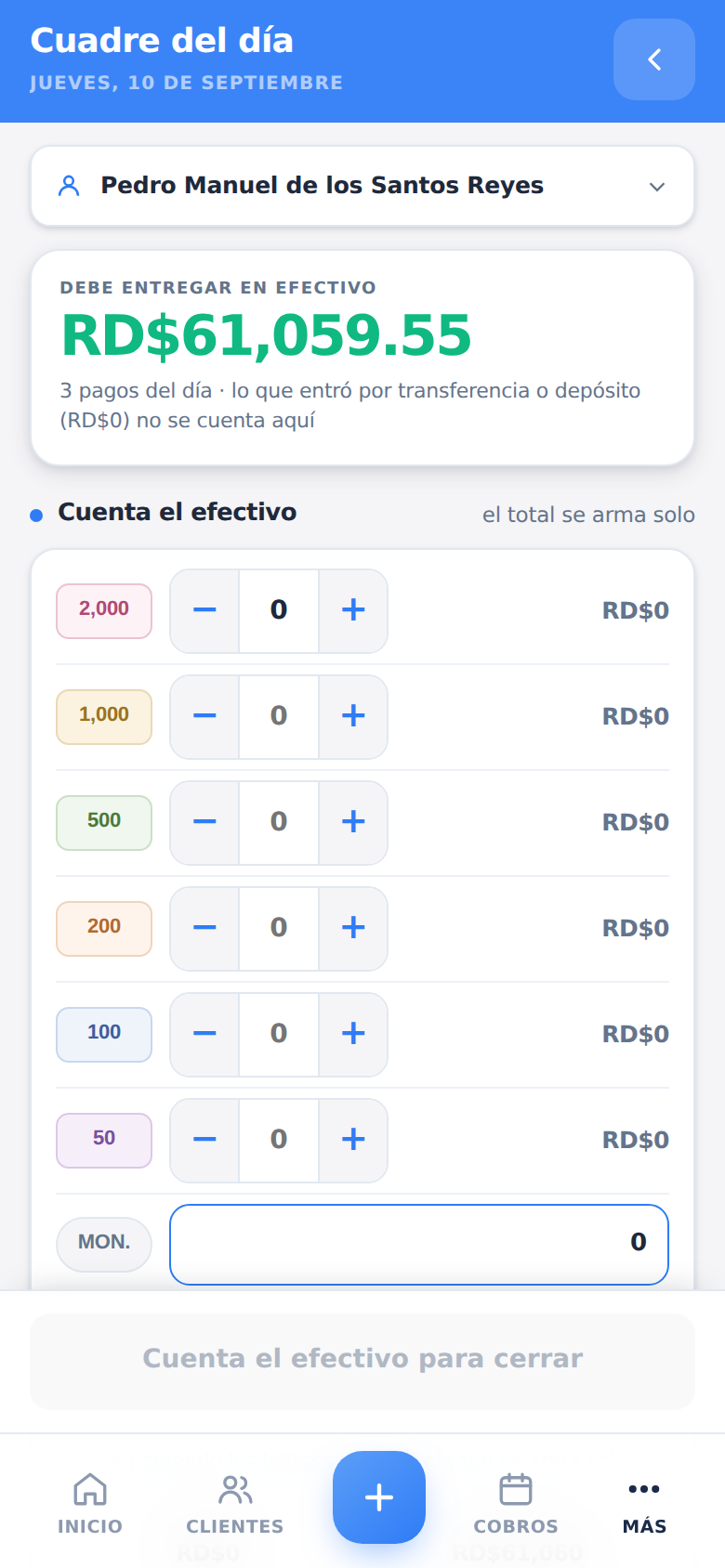 Cuadre de caja billete por billete