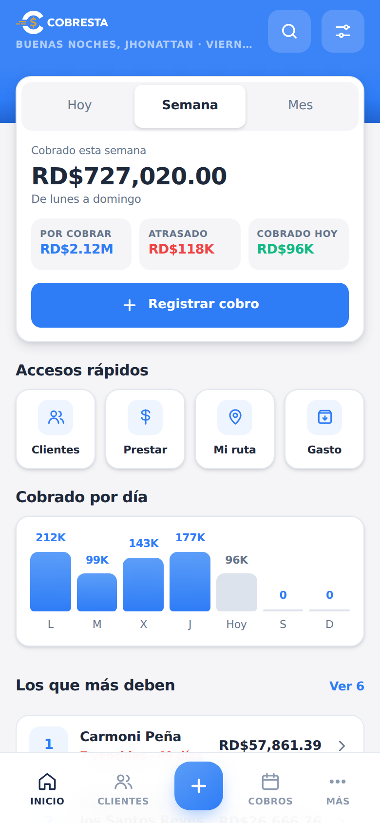 Cobresta en el celular del cobrador