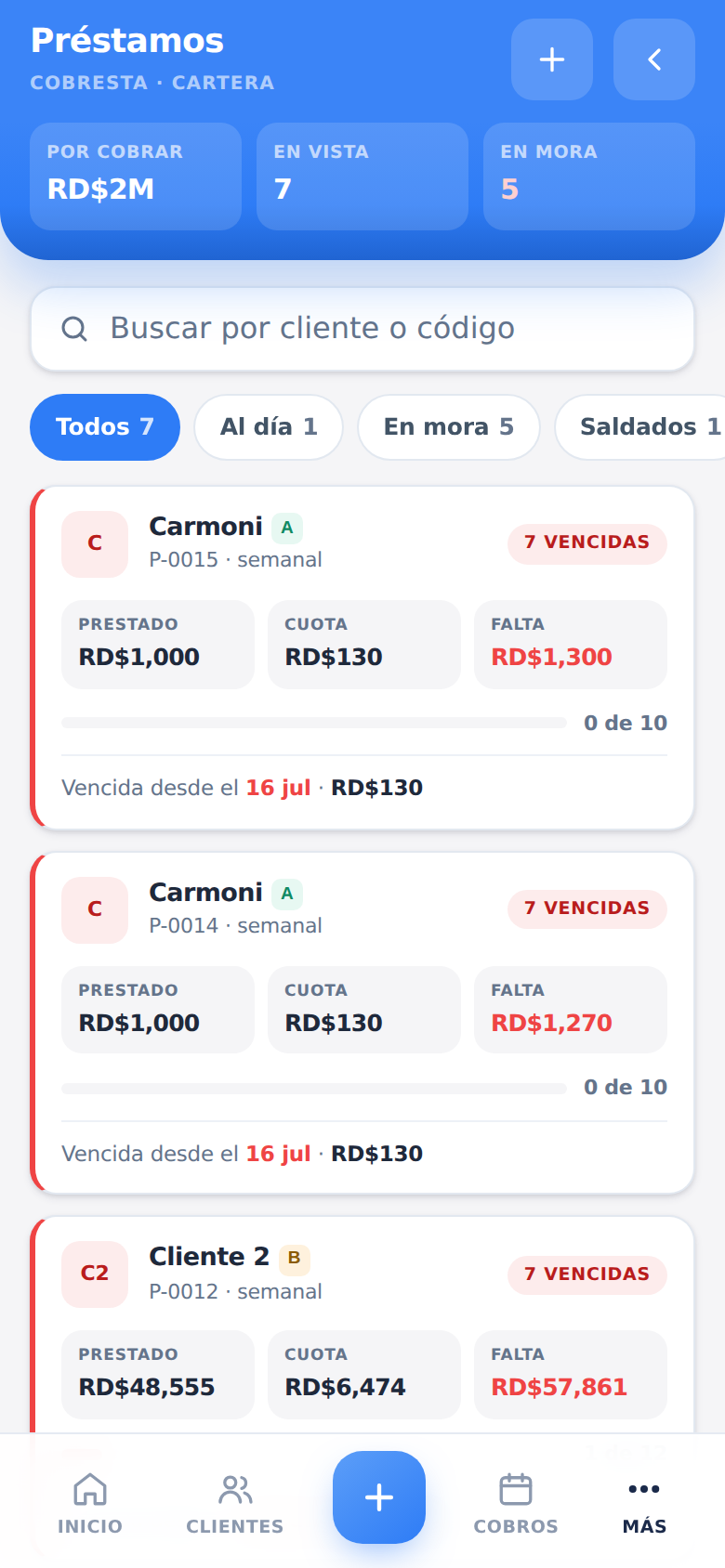Lista de préstamos con lo que falta por cobrar, en mora y al día